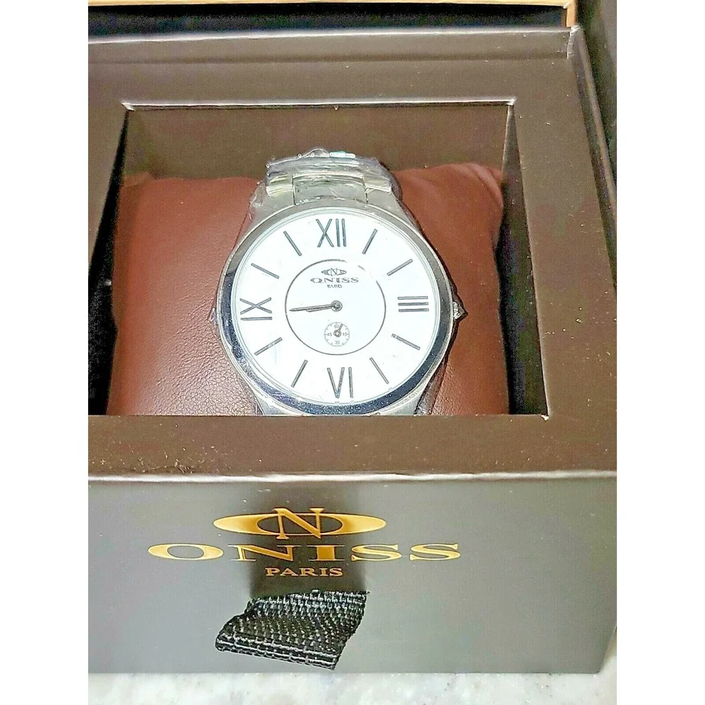 Men's Oniss Paris ON5549-MWT Watch NEW Silver Tone Stainless‎ Steel 42mm.
